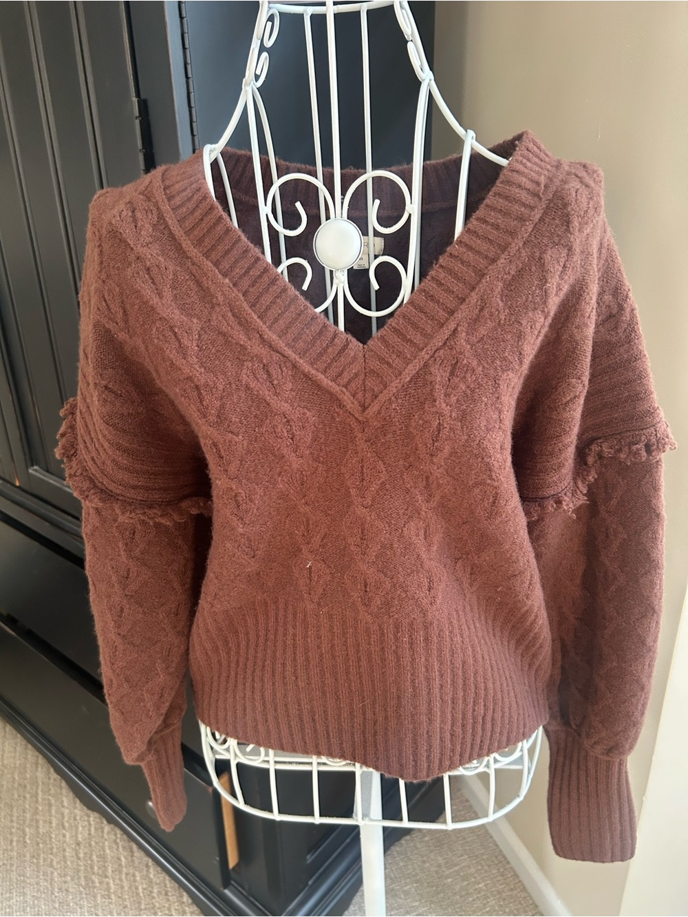 Pilcro Anthropology V-Neck Cable Knit Sweater in chocolate Brown